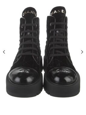 CHANEL Black Quilted Lace-Up Platform Boots with CC Cap Toe